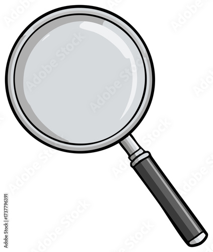 Simple cartoon magnifying glass illustration symbolizing search, inspection, and discovery.