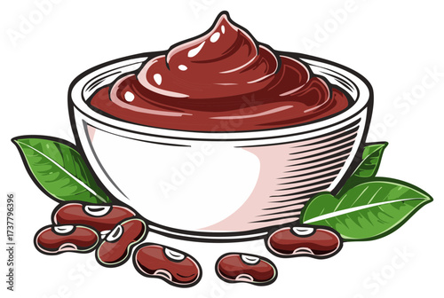 Delicious red bean paste in a white bowl with fresh beans and green leaves illustration