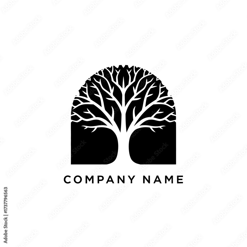 Obraz premium Stylized Tree Silhouette Logo Design with Branches and Rounded Top.