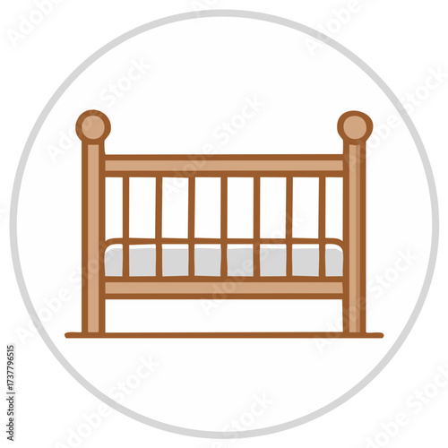 Wooden baby cot icon, childcare furniture icon, new baby sleep bed icon, crib bedstead for nursery, newborn care