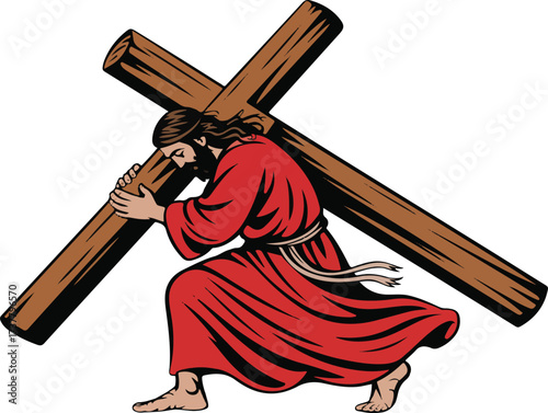 Jesus Carrying the Cross in Red Robe on White Background christ crucifixion