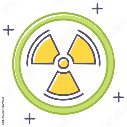 Stylized radiation hazard symbol with a green border and yellow radiation icon