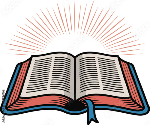 Open Holy Bible with Radiant Sunburst Rays on White Background open bible holy book