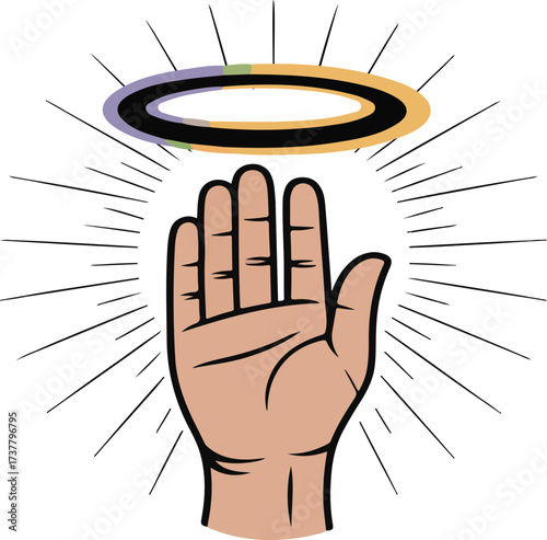 Raised Hand with Halo and Light Rays on White Background palm open gesture