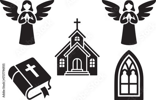 Religious Symbols Silhouette Collection on White Background Keywords: religion, church, angel, bible