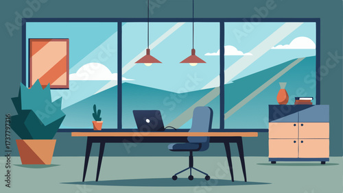 A private office space with floortoceiling windows a sleek desk and a statement piece of artwork on the wall.