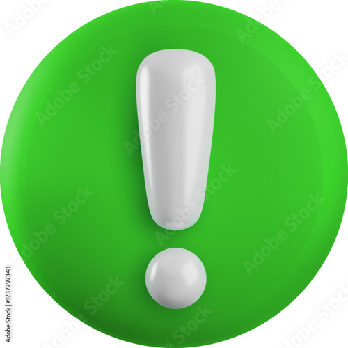 Vector cartoon 3d exclamation mark sign. 3d Render of green round attention sign. Plastic warning symbol, caution notification icon for eco infographic, web, app, design, game.