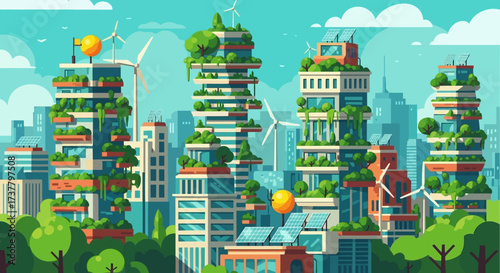 Sustainable Cityscape with Green Buildings and Renewable Energy Sources.