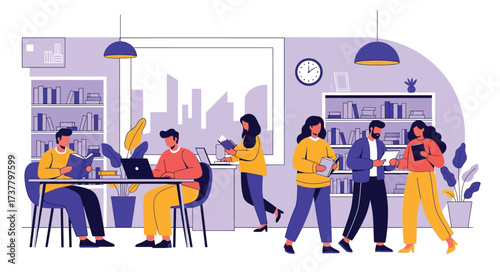 Business Vector Illustration featuring people in library studying working with books and laptops in modern flat design style