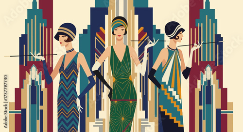Three Flapper Girls in Art Deco Style Illustration.