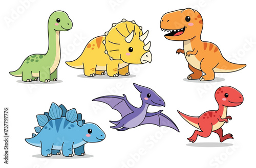 Cartoon Dinosaur Vector Illustration Collection Cute Animals Set for Kids T Rex Triceratops Stegosaurus Pterodactyl Brontosaurus in Simple Style