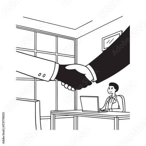 Business deal handshake overwhelmed by giant hand