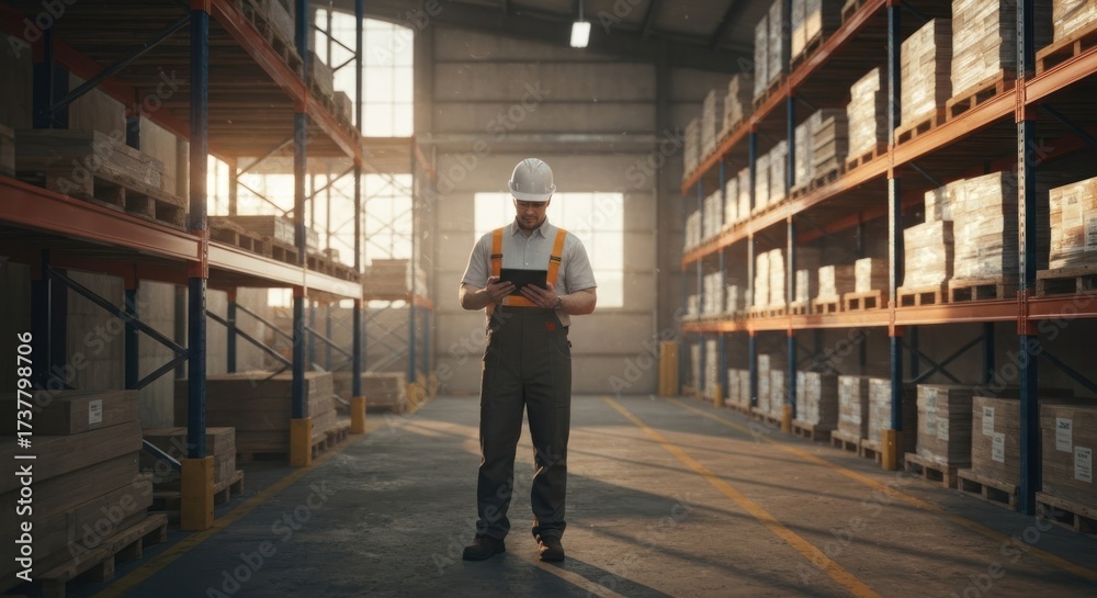 Obraz premium Worker in a warehouse with shelves and boxes uses a tablet device
