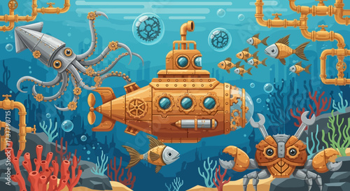 Underwater Adventure - Yellow Submarine, Squid, Crab, and Fish in a Cartoon Sea.