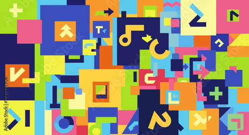 Vibrant Abstract Composition with Geometric Shapes and Symbols, Modern Art Design.