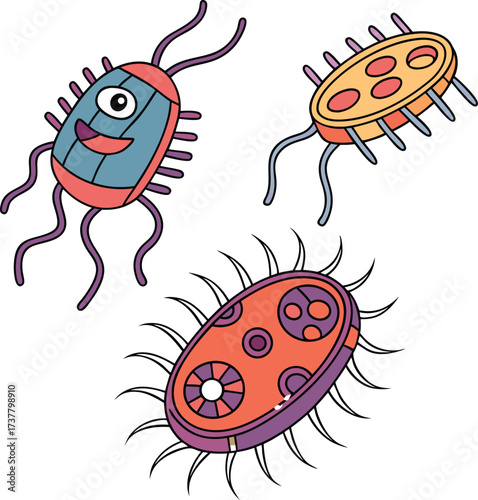 Playful cartoon microbes and germs float with expressive faces, perfect for educational materials and children's health awareness campaigns