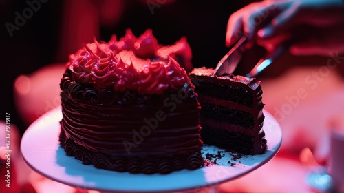 A rich chocolate cake with a vibrant red frosting, sliced by hand