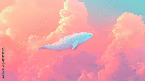 Whimsical whale soaring through pastel clouds