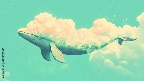 Whale of clouds floats in pastel sky