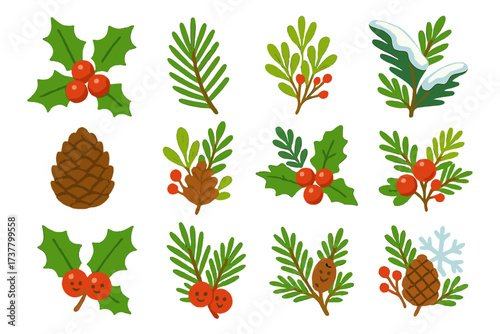 Christmas and winter flat icons set. featuring holly, pine branch, mistletoe, snow, and pinecone elements