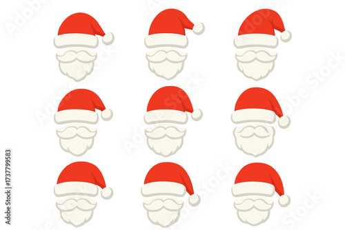 Christmas celebration flat icons set. featuring santa claus hats and beards in various styles