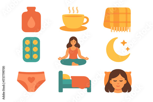 Self-care flat icon set. featuring meditation, sleep, tea, blanket, vitamins, bed, pajamas