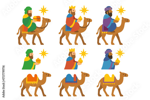 Christmas nativity flat icon set. featuring wise men and camels in biblical scenes