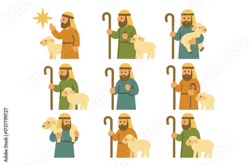 Biblical figures flat icon set. featuring angel, shepherd, lamb, staff, and robe symbols