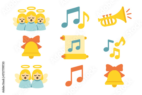 Christmas music flat icon set. featuring choir, bell, trumpet, music note, and sheet music symbols