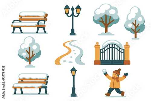Winter scene flat icon set. featuring bench, street light, tree, path, gate, and snowball play icons