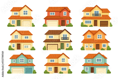 Real estate flat icon set. featuring different house styles, garage, balcony, windows, doors, and roof types