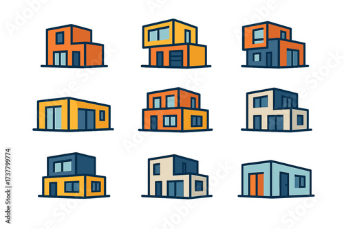 Real estate linear icon set. featuring modern houses, homes, buildings.