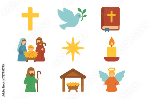 Christmas nativity flat icon set. featuring cross, dove, bible, nativity, star, candle, manger, and angel symbols