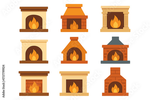 Fireplace silhouette icon set. featuring traditional, modern, brick, vintage, stone, and classic designs