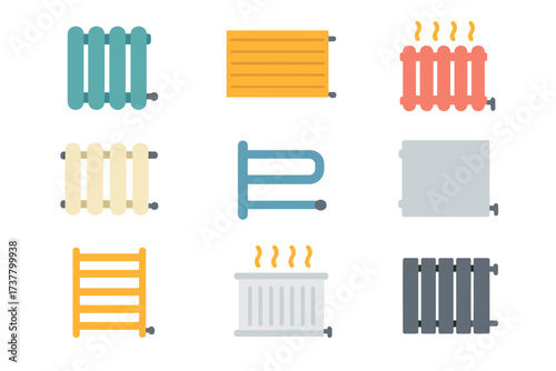 Heating system flat icon set. featuring radiator, heater, warmth, temperature, energy, and climate control symbols