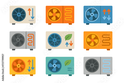Hvac flat icons set. featuring air conditioner, heating, cooling, ventilation, and energy efficiency symbols