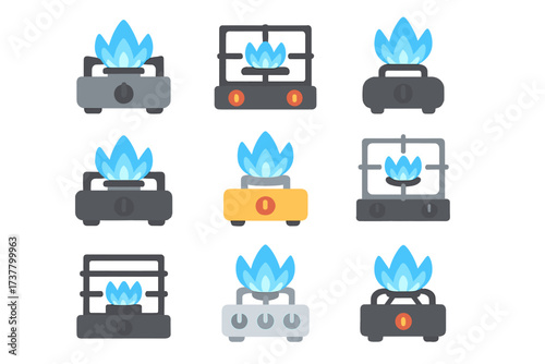 Cooking equipment silhouette icon set. featuring gas stove, burner, flame, kitchen, and campfire symbols