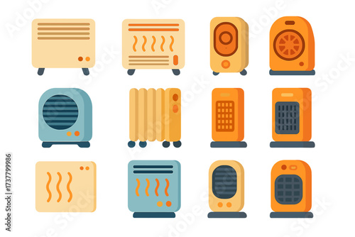 Home appliances flat icon set. featuring heater, radiator, fan, air cooler, and thermostat symbols