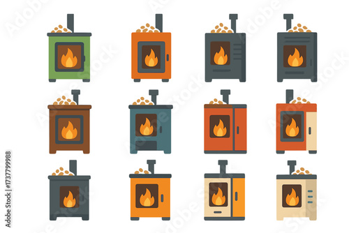 Home heating flat icon set. featuring wood stove, fireplace, radiator, and furnace symbols