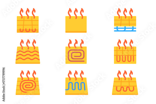 Heating system flat icon set. featuring heated floors, radiators, thermostats, and insulation symbols
