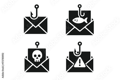Cybersecurity silhouette icon set. featuring email, phishing, threat, malware, and warning symbols