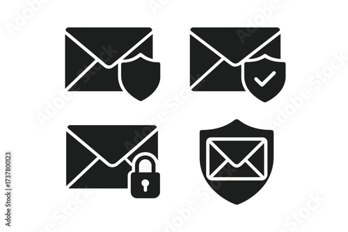 Security email silhouette icon set. featuring shield, locked, protected, encrypted, and verified mail symbols