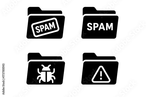 Communication management silhouette icon set. featuring spam folders, bug, and warning symbols
