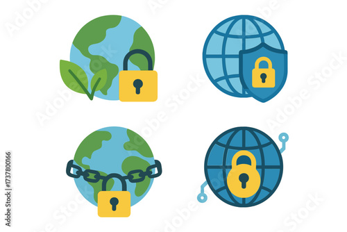 Security and environment silhouette icon set. featuring earth, lock, shield, and chain symbols