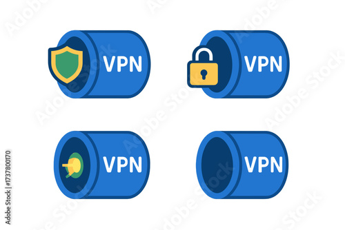 Security and vpn flat icon set. featuring shield, lock, connection, and vpn tunnel symbols