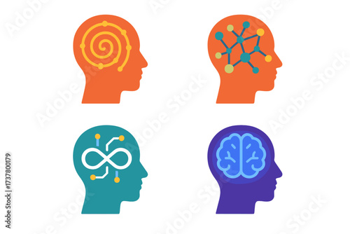 Brain activity silhouette icon set. featuring creativity, networks, infinity, and intelligence symbols