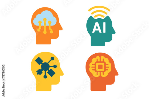 Technology silhouette icon set. featuring ai brain, neural network, cloud computing, and data analysis symbols