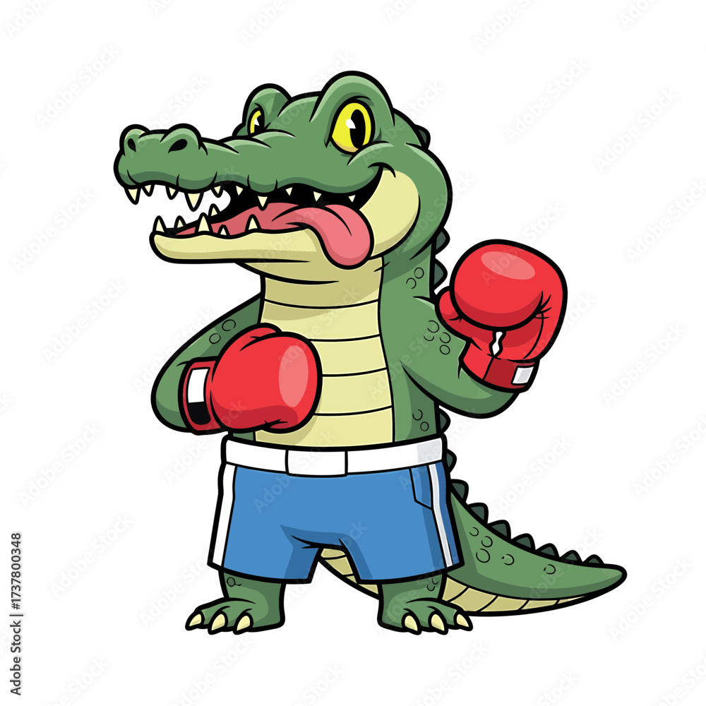 Fototapeta premium Animated Alligator Boxer with Red Gloves and Blue Shorts Ready to Fight