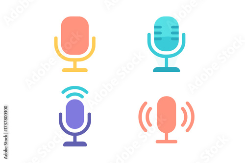 Podcast equipment silhouette icon set. featuring microphone, stand, sound waves, and audio recording symbols