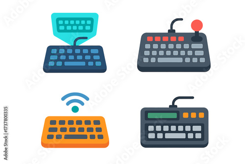 Technology silhouette icon set. featuring gaming keyboard, joystick, wireless, and retro keypad symbols